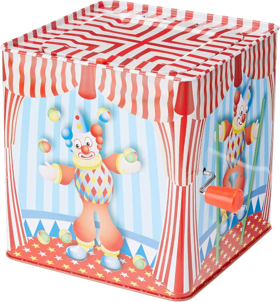 Toy box with clown design and striped roof on a white background