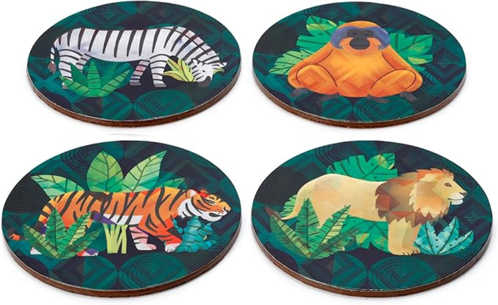 Set of four coasters with animal illustrations on a green leafy background