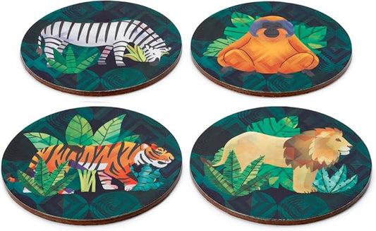 Set of four coasters with animal illustrations on a green leafy background