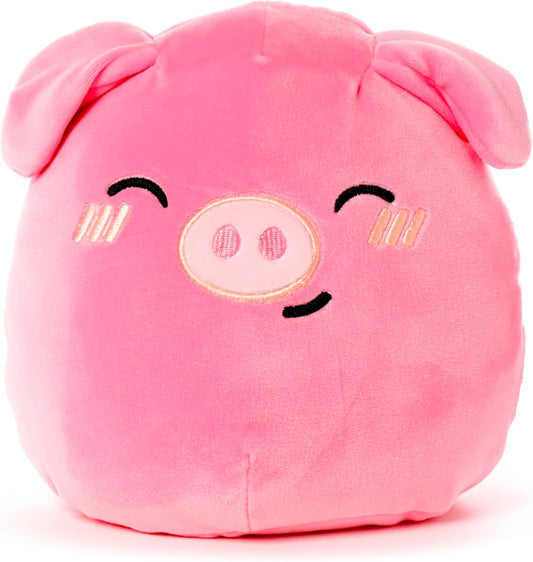 Pink plush toy shaped like a pig with a smiling face on a white background
