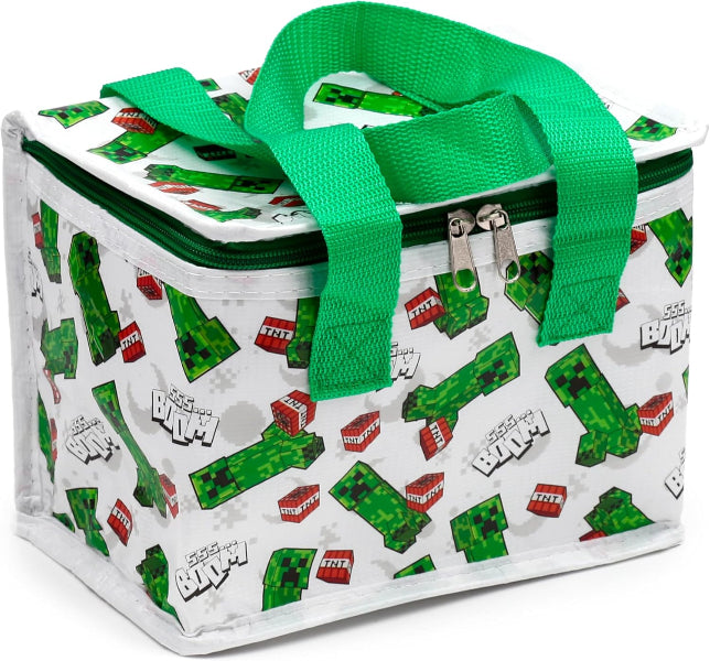 insulated lunch bag with Minecraft design and green handle