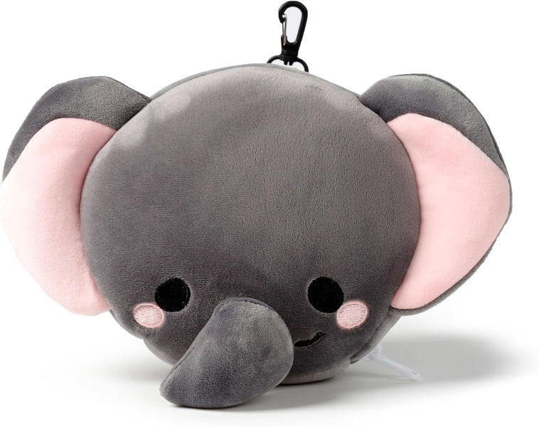 Plush elephant toy with a keychain clip on a white background