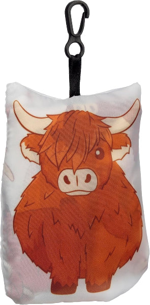 Pouch with a cartoon highland cow design on a white background