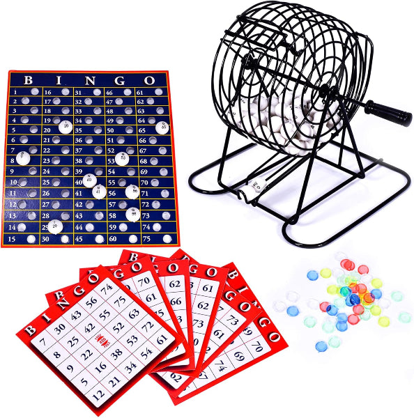 Bingo game set with cards, balls, and a wheel on a white background