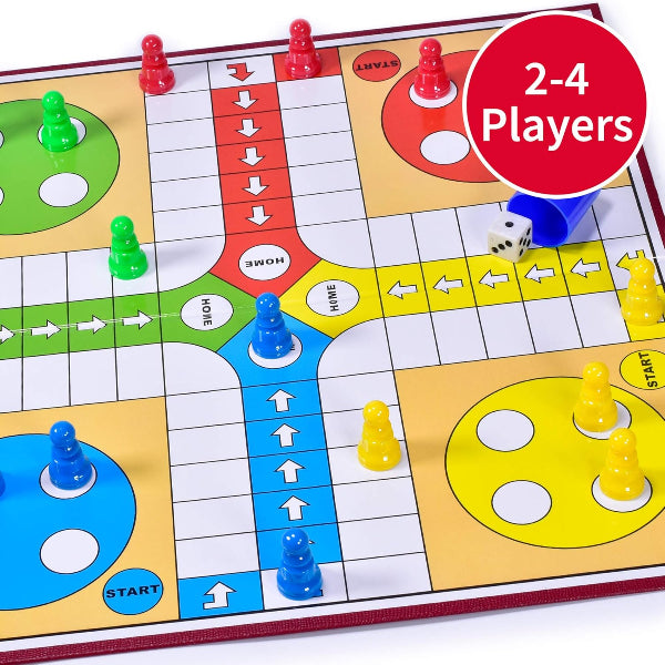 Colorful board game with pieces and dice, labeled for 2-4 players.