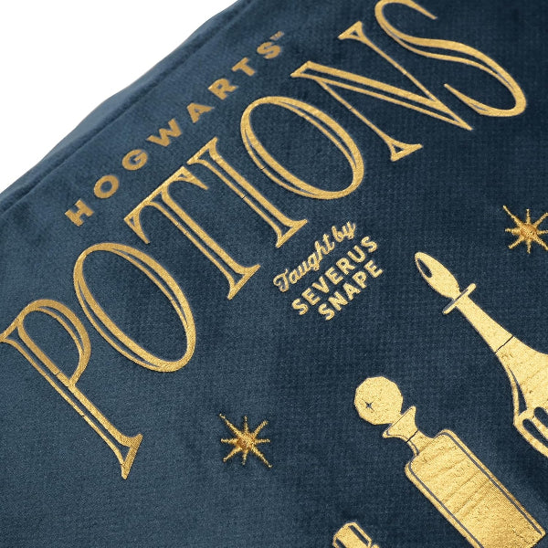 Textile with 'Hogwarts Potions' and potion bottle design on a blue background