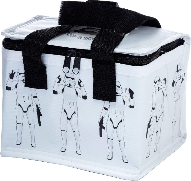 White cooler bag with black stormtrooper designs on a white background