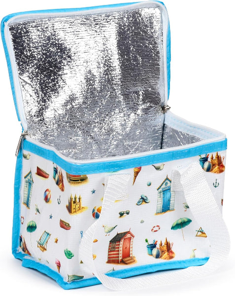 Insulated cooler bag with beach-themed design on a white background