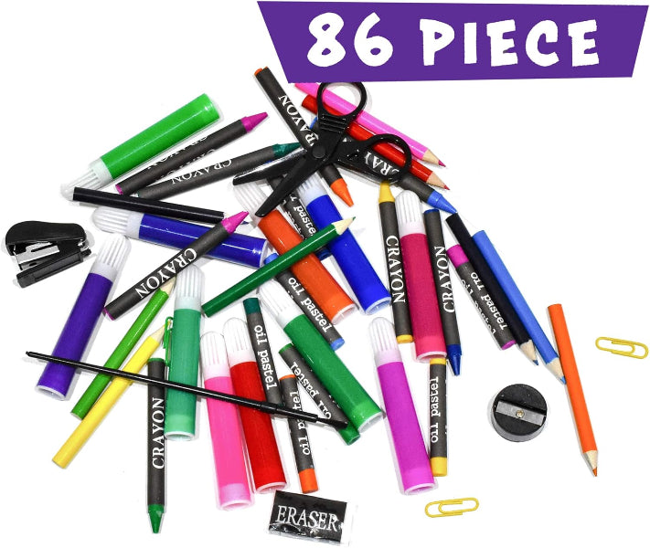 Assorted stationery items including markers, crayons, and pencils on a white background with '86 Piece' text.
