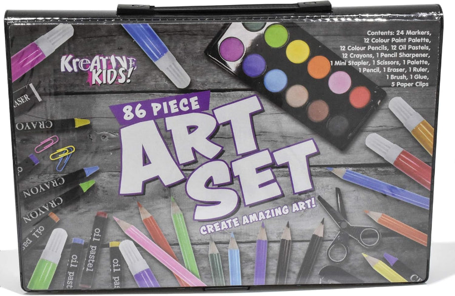 86-piece art set packaging with various art supplies on a gray background