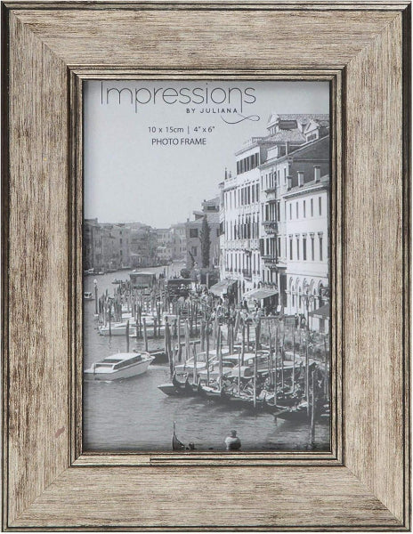 Wooden photo frame with a scenic picture of a marina and buildings.