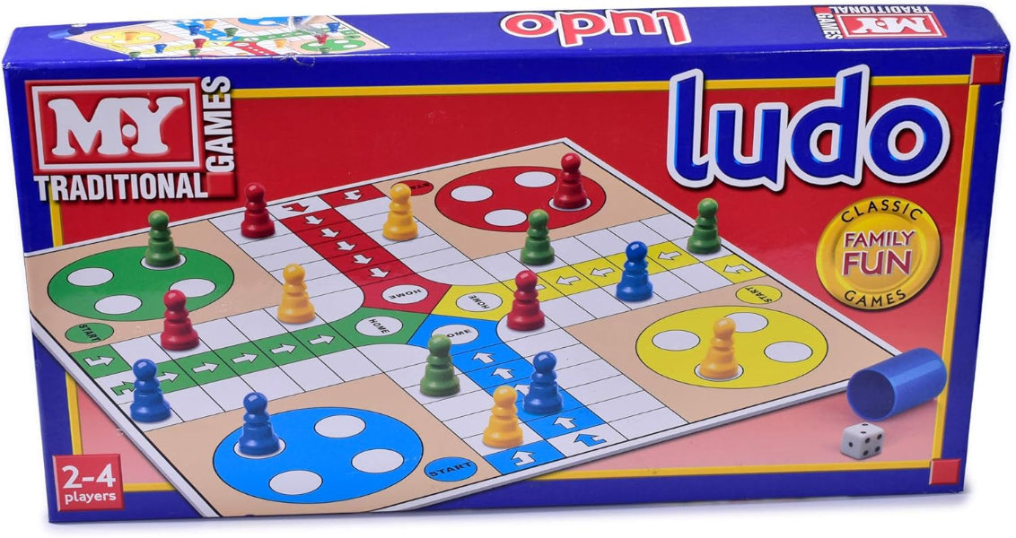 Ludo board game box with colorful pieces and dice on a red background