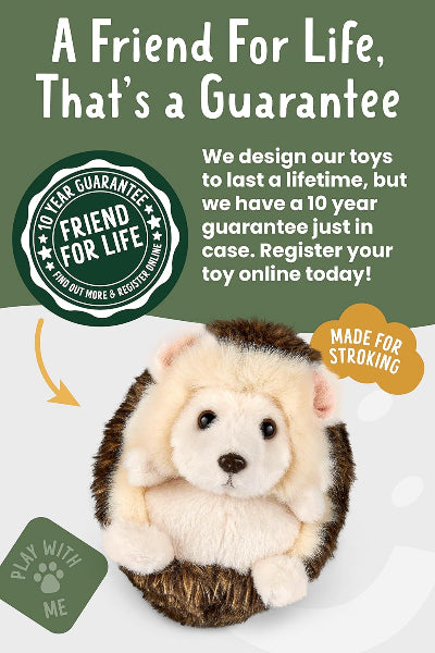 Stuffed hedgehog toy with promotional text and branding on a green background
