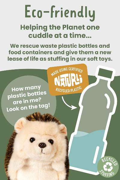 Eco-friendly teddy bear made from recycled plastic bottles with text about sustainability.