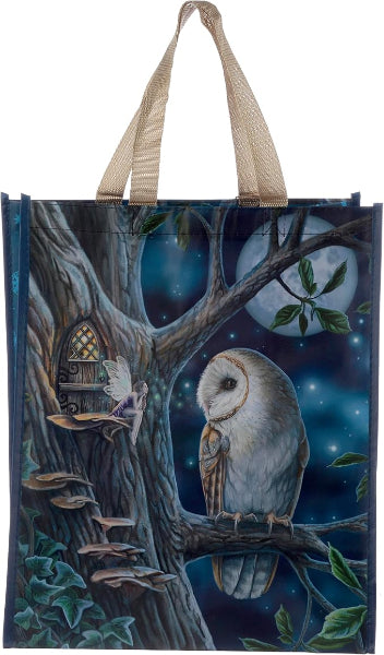 Reusable tote bag with an owl design featuring a tree, moon, and mushrooms.