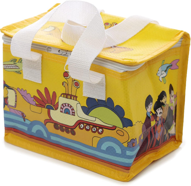 Yellow bag with cartoon design featuring a boat and people on a white background