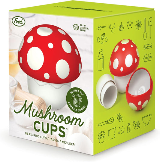 Box of Fred mushroom-shaped measuring cups with red and white design
