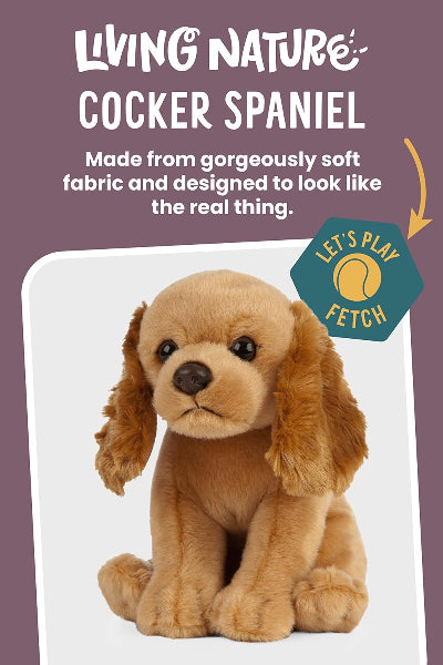 Stuffed Cocker Spaniel toy with promotional text on a purple background