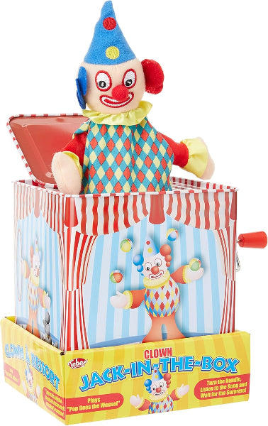 Clown jack-in-the-box toy with colorful design on a white background