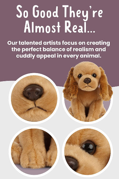 Stuffed dog toy with close-up details on a purple background, text about artist focus on realism and cuddly appeal.