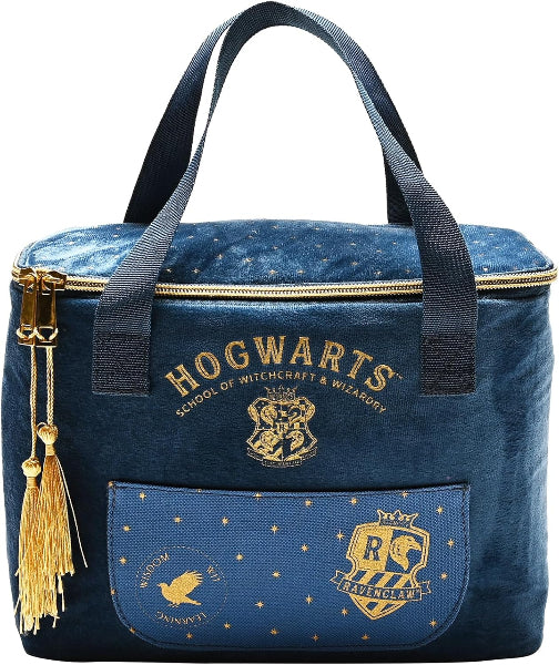 Blue bag with Hogwarts School of Witchcraft & Wizardry design on a white background