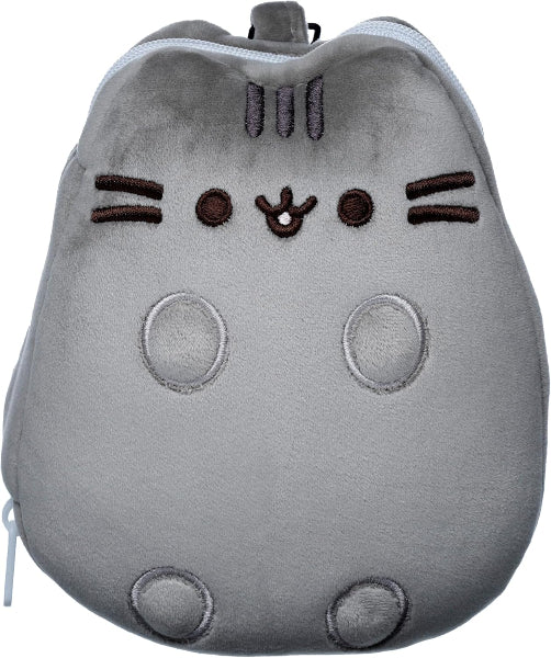 Gray plush backpack with cat face design on a white background