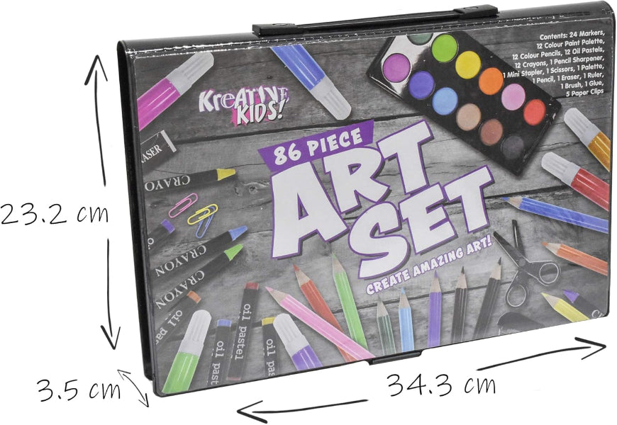 Kreative Kids art set packaging with measurements and art supplies illustration.