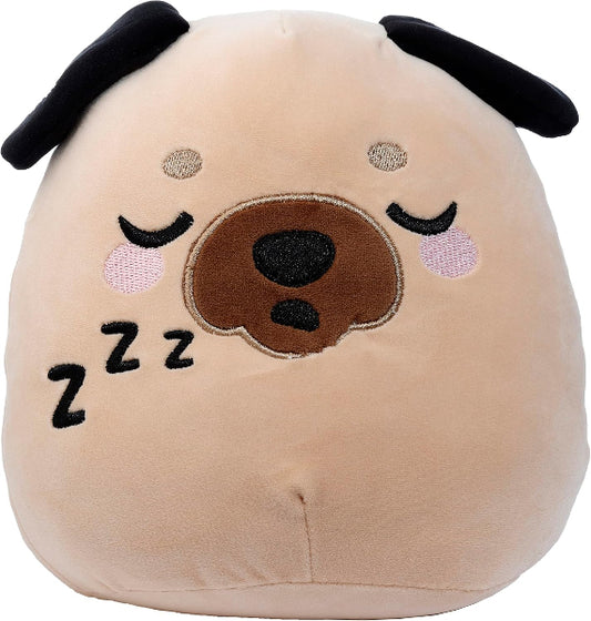 Plush toy resembling a dog with a sleeping expression on a white background