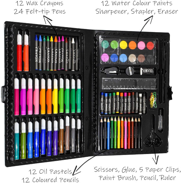Art supply set with various tools including crayons, pens, and colored pencils in a black case.