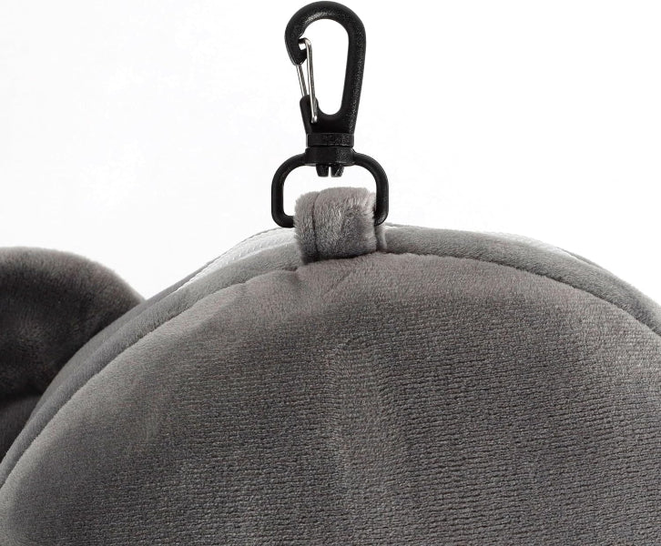 Gray plush toy with a black carabiner clip on a white background