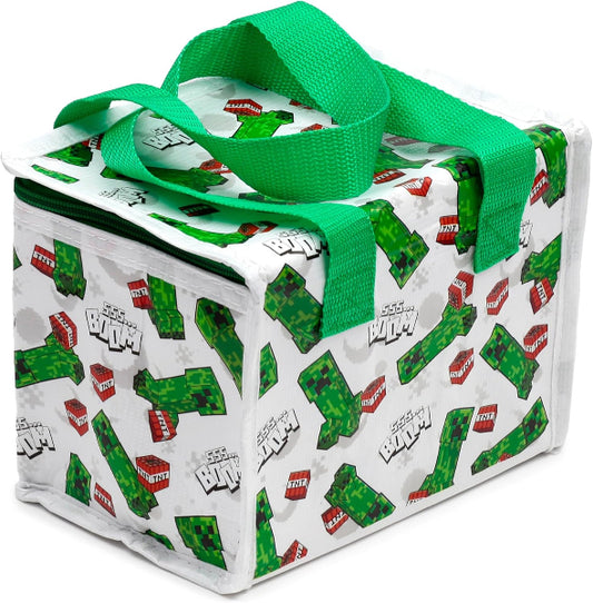 Reusable bag with Minecraft-themed design featuring Creeper and Bomb graphics on a white background.