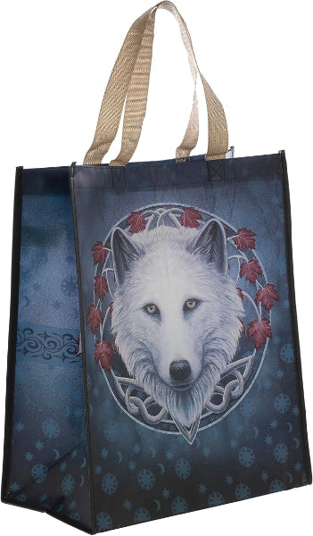 Tote bag with a wolf design on a blue background