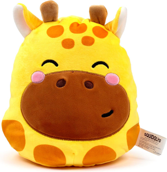 Plush giraffe toy with a visible brand tag on a white background
