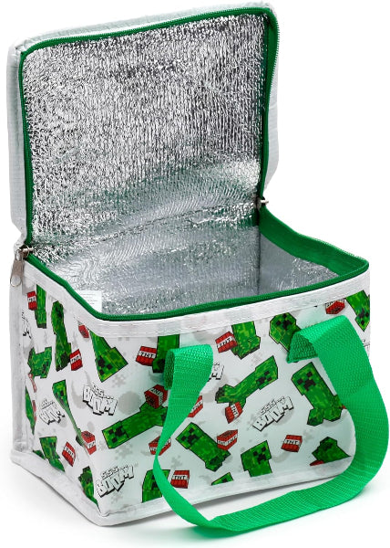 Insulated lunch bag with green handles and a pattern of green bottles on a white background