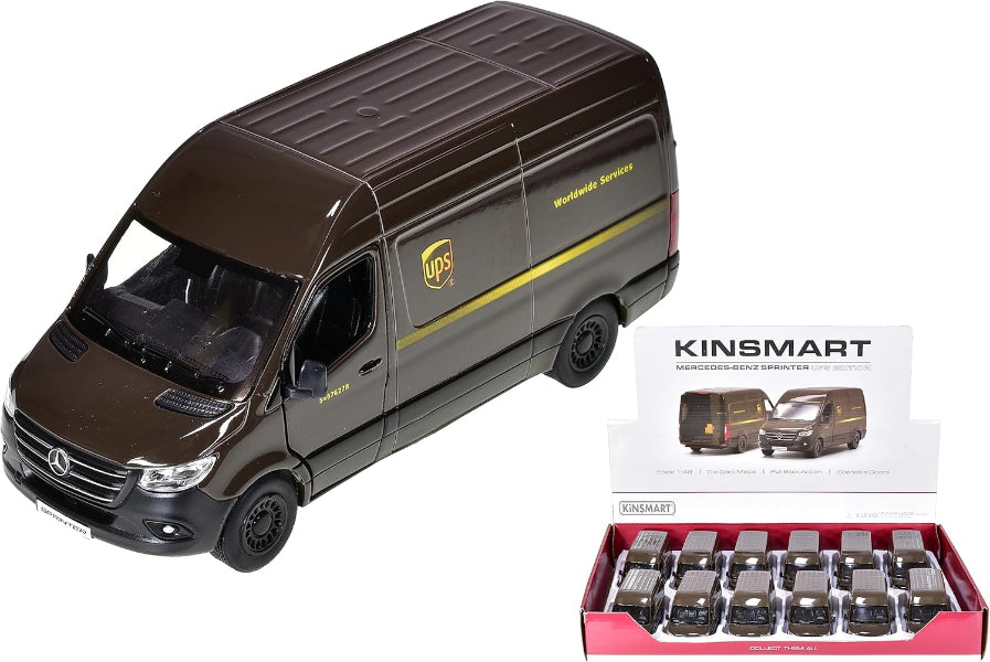Model UPS van with Kinsmart packaging on a white background