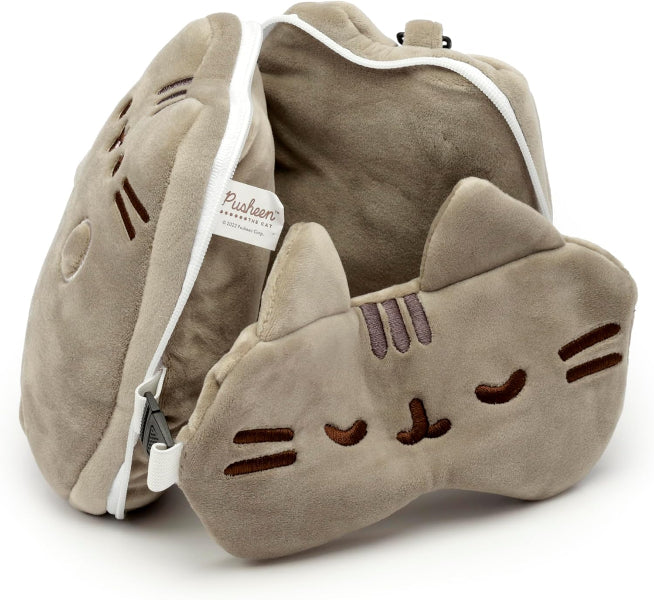 Cat-shaped pillow with a visible brand label on a white background