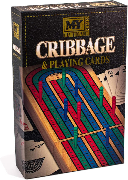 Cribbage board game set with playing cards on a black box