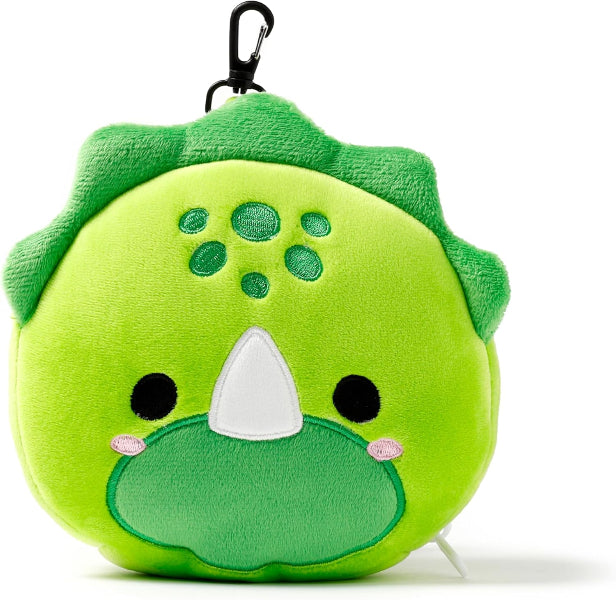 Green dinosaur plush toy with a carabiner on a white background