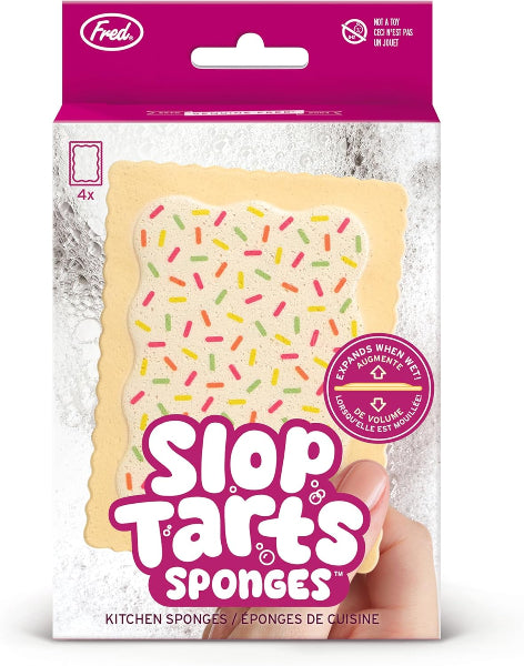Slop Tarts sponges packaging with a hand holding a sponge on a white background