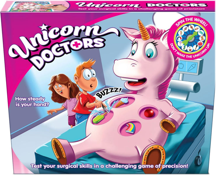 Unicorn Doctors board game box showing a pink unicorn with exposed organs on a surgical table, with two cartoon doctors and a 'Spin the Wheel' feature badge on the packaging.