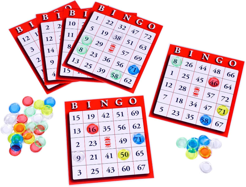 Bingo game set with cards, markers, and balls on a white background