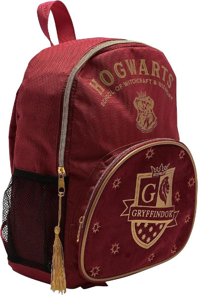 Red backpack with 'Hogwarts' and 'Gryffindor' logos on a white background