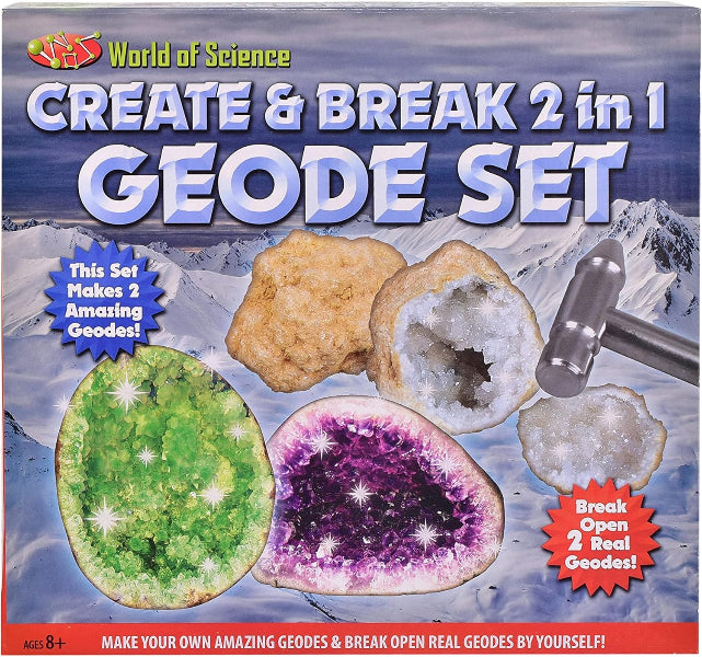 Box for World of Science Create & Break 2 in 1 Geode Set with geodes and hammer on mountain background