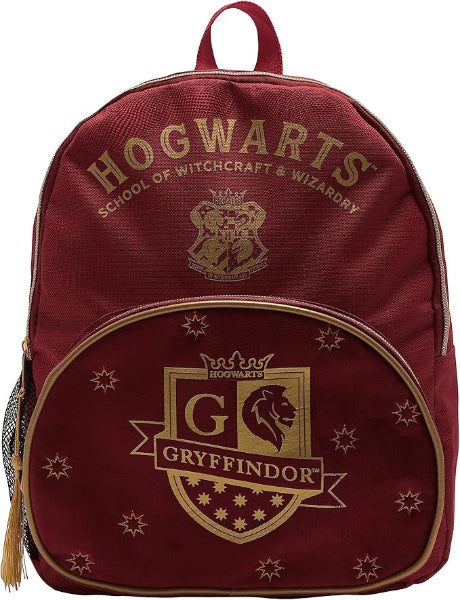 Maroon backpack with 'Hogwarts' and 'Gryffindor' logos on a white background