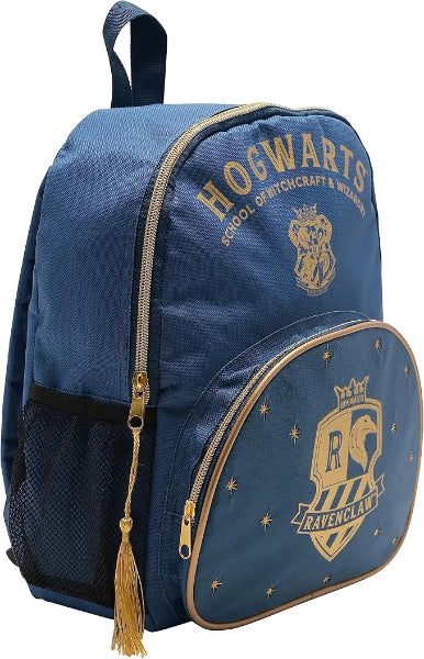 Blue backpack with 'Hogwarts' and 'Ravenclaw' logos on a white background