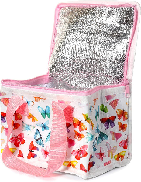 Insulated lunch bag with butterfly pattern and pink handles on a white background