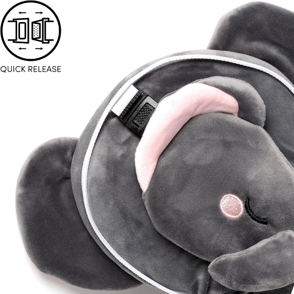 Gray elephant-shaped cushion with a quick release feature on a white background