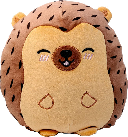 Plush toy hedgehog with a smiling face on a white background