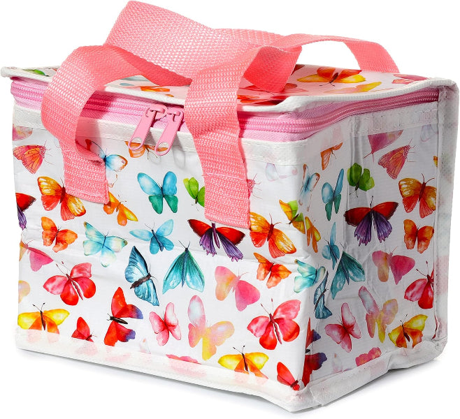 Storage bin with butterfly pattern and pink ribbon on a white background