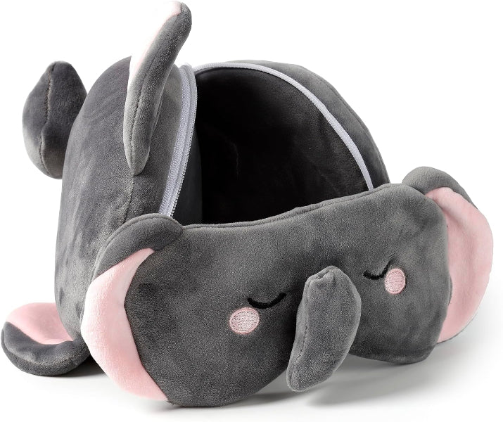 Gray elephant-shaped pillow with pink accents on a white background